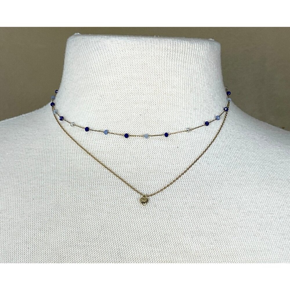 Iron Orchid Studio Double Strand Dainty Blue Beaded Necklace Mini Heart Pendant